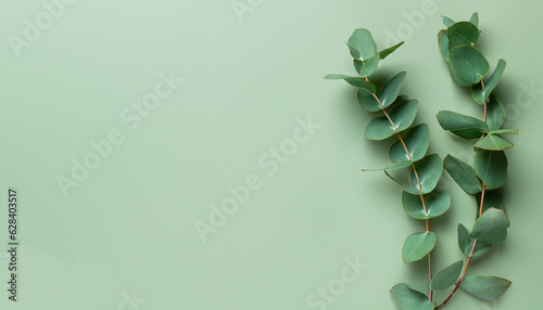 Eucalyptus branch on pastel green background. Flat lay, top view.