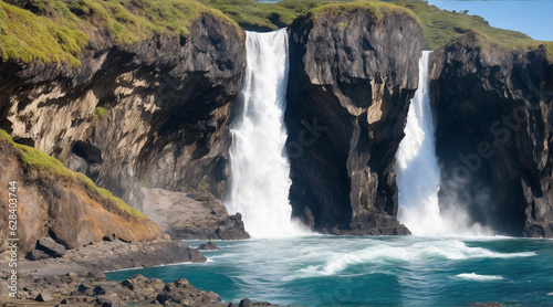 Rock standing at a waterfall in the ocean. Generative AI.