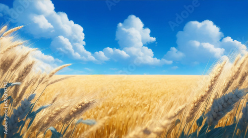 Wheat field and blue sky illustration. Generative AI.