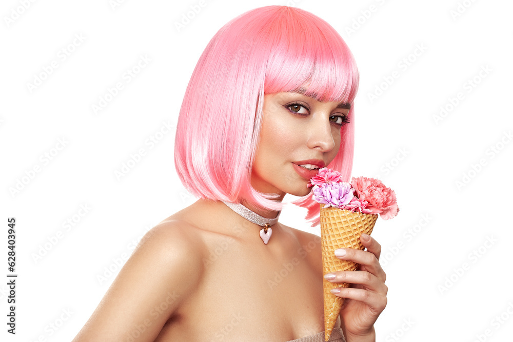 Beauty model portrait with pink hair. Bob short Haircut. Beautiful glamorous girl with flower ice cream