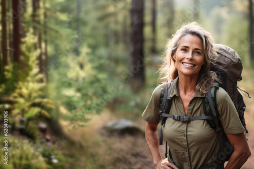 Fotografie, Tablou AI generated image of attractive mature senior woman on hiking
