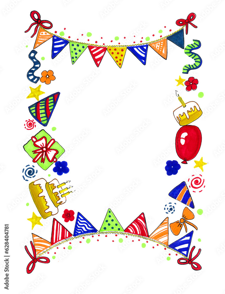 Frame of different elements of a birthday party. Different, bright colors. White background.