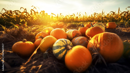 Pumpkin patch on sunny Autumn day. Thanksgiving Pumpkin in the field. Harvesting pumpkins in the farm. Close up of pumpkins.