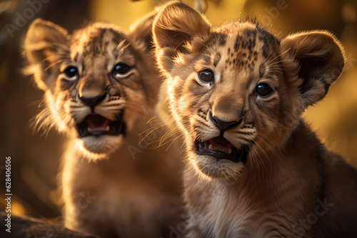 Portrait of two cute little lion cubs 