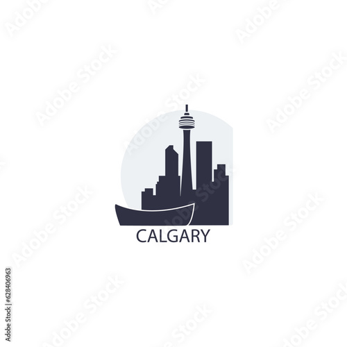 Canada Calgary cityscape skyline capital city panorama vector flat modern logo icon. Canadian Alberta province emblem idea with landmarks and building silhouettes at sunset sunrise