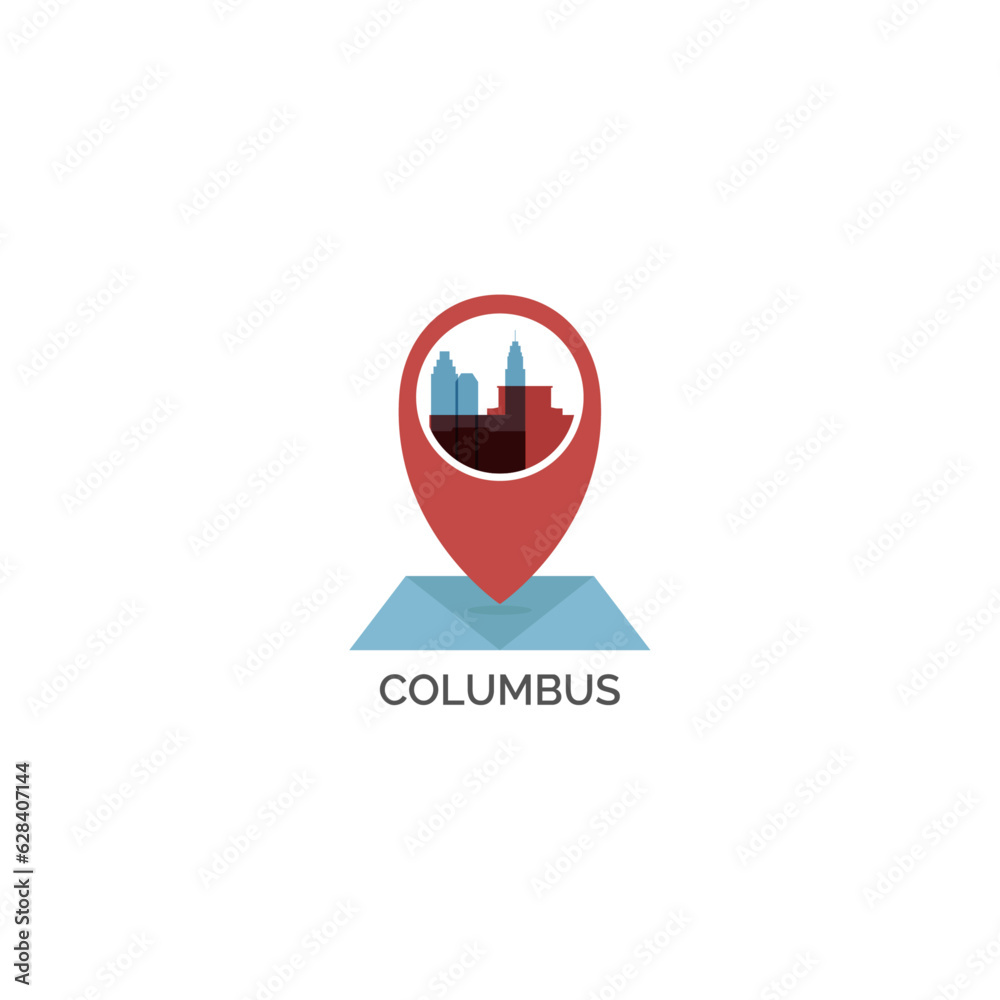 USA Columbus map pin point, geolocation, skyline vector logo, icon, isolated illustration. United States, Ohio state emblem concept with landmarks and building silhouettes