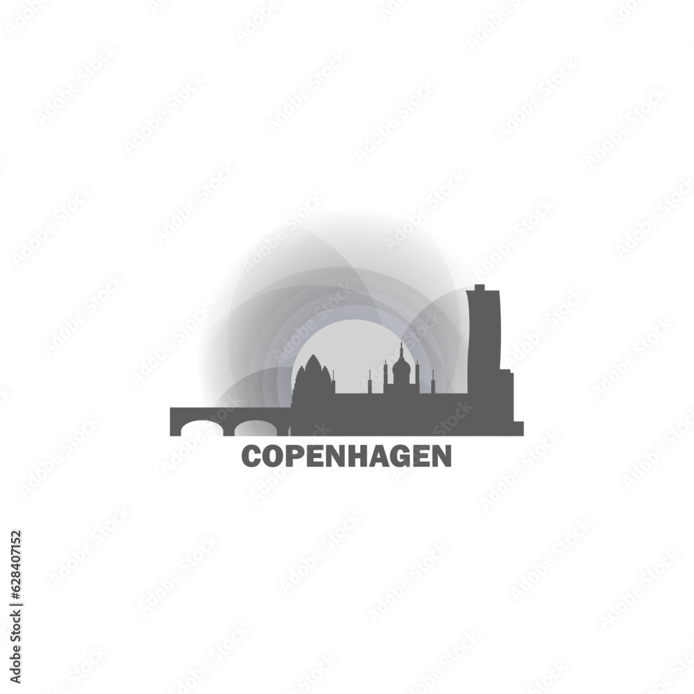 Denmark Copenhagen cityscape skyline capital city panorama vector flat modern logo icon. Nordic Europe region emblem idea with landmarks and building silhouettes at sunset sunrise