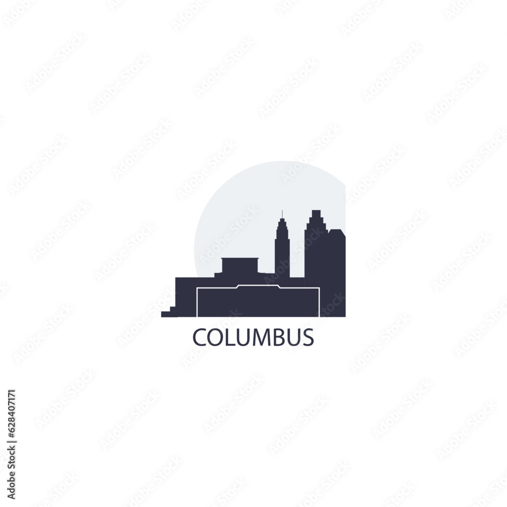 USA United States Columbus cityscape skyline capital city panorama vector flat modern logo icon. US Ohio American state emblem idea with landmarks and building silhouettes at sunset sunrise