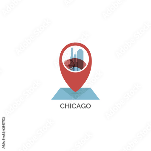 USA United States Chicago map pin point geolocation modern skyline shape pointer vector logo icon isolated illustration. US Illinois American state emblem idea with landmarks and building silhouettes