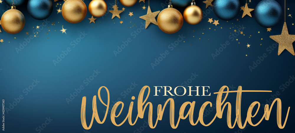Frohe Weihnachten, festliche Grußkarte mit deutschem Text – Hängende goldene und blaue Christbaumkugeln auf dunklem blauem Hintergrund (Generative Ai)