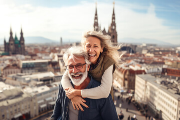 AI generated image of happy mature senior couple in the city