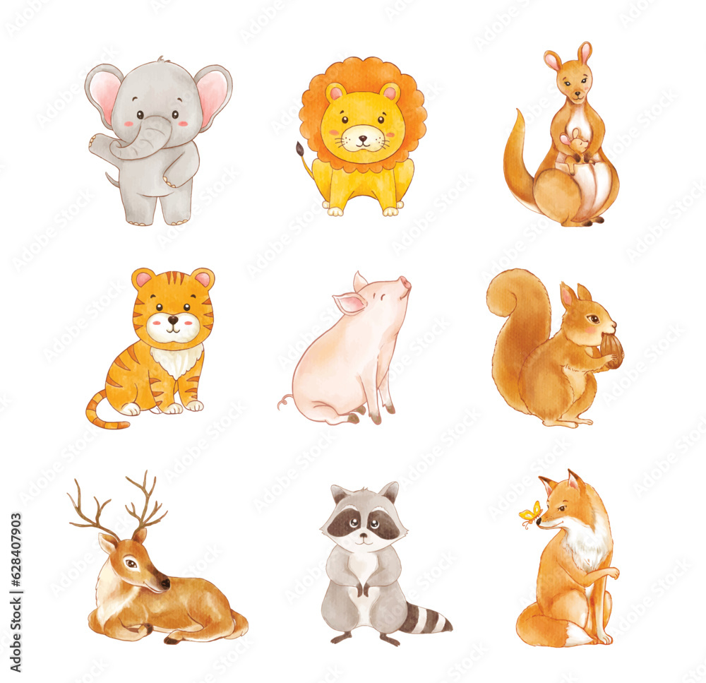 Fototapeta premium set of animals wildlife cartoon watercolor