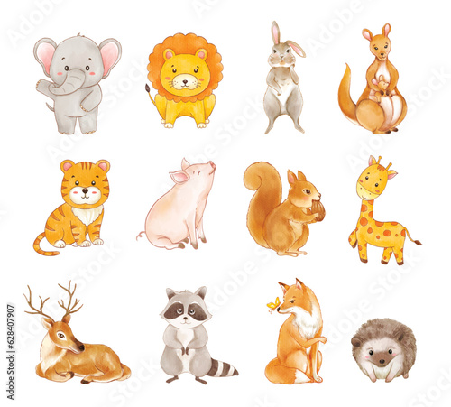 set of animals wildlife cartoon watercolor