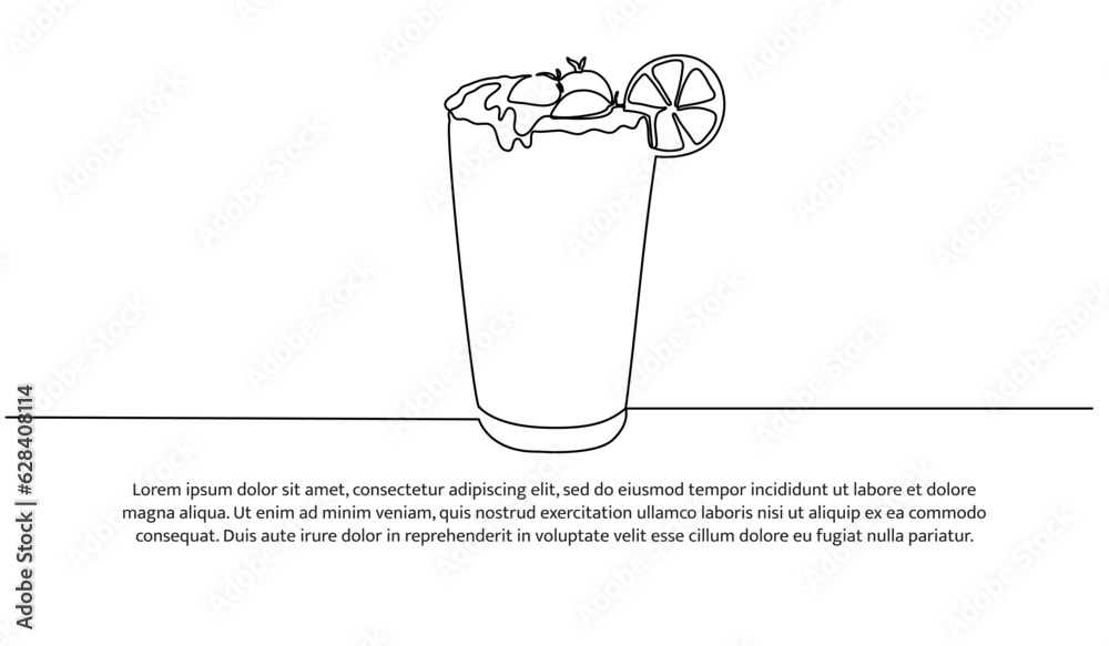 One continuous line design of smoothie in a glass. Decorative elements drawn on a white background. One continuous line design of smoothie in a glass. Decorative elements drawn on a white background.