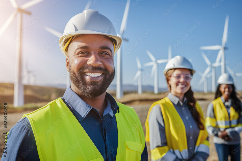 AI generated image of group of engineers field of windmills AI generated image of group of engineers field of windmills