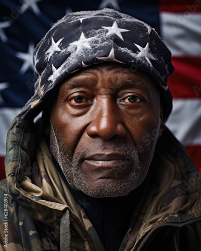 AI generated portrait of usa military veteran after their service in role of homeless person