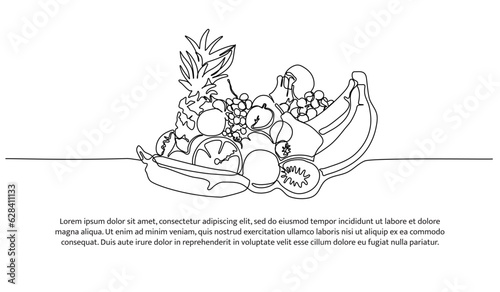 Kinds of fruits one continuous line design. Healthy lifestyle symbol design concept. Decorative elements drawn on a white background.