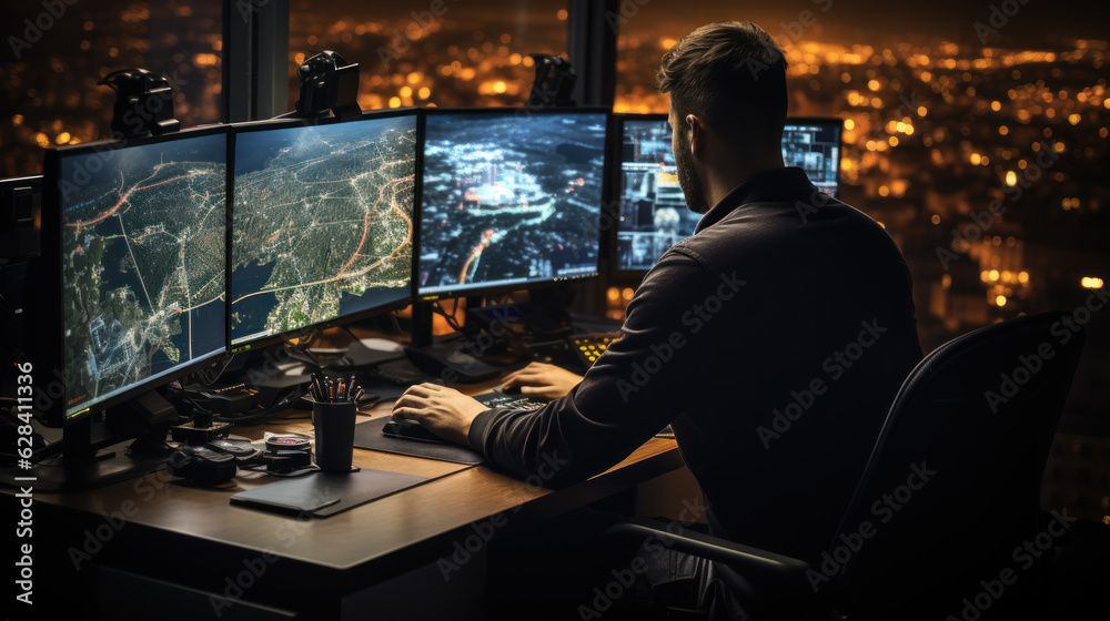 Back view of young ma sitting in front of computer monitors and looking at cadastre map plan in night. Real estate poperty land.