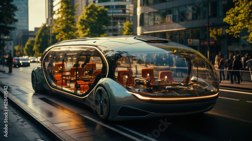 Smart vehicle of future concept. Autonomous electric shuttle bus self driving on city street.