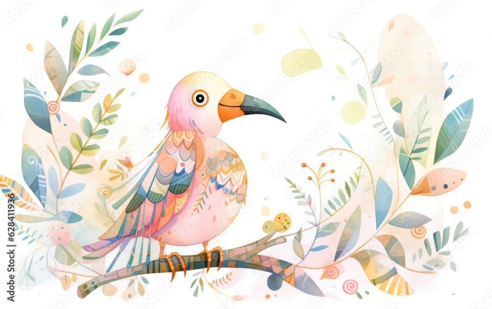 Whimsical and Cute Watercolor Style Birds, Colorful Illustration, Abstract Art