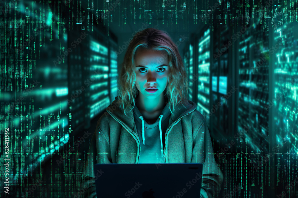 © Kalim - AI generated image of young woman on laptop as hacker © Kalim - AI generated image of young woman on laptop as hacker