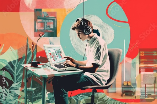 A retro art colorful collage of a young male student sitting at the table, working on the laptop, wearing headphones, producing music. Generative AI technology