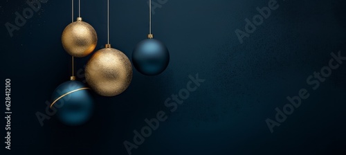 Merry Christmas, festive celebration holiday holidays greeting card - Hanging gold dark blue ornaments (christmas baubles) on blue background (Generative Ai)..