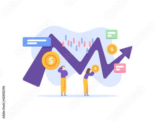 Observe the movement patterns of market data and stock prices. increase revenue and profits. analysis of fluctuation data. the company's finance and marketing team. illustration concept design. vector