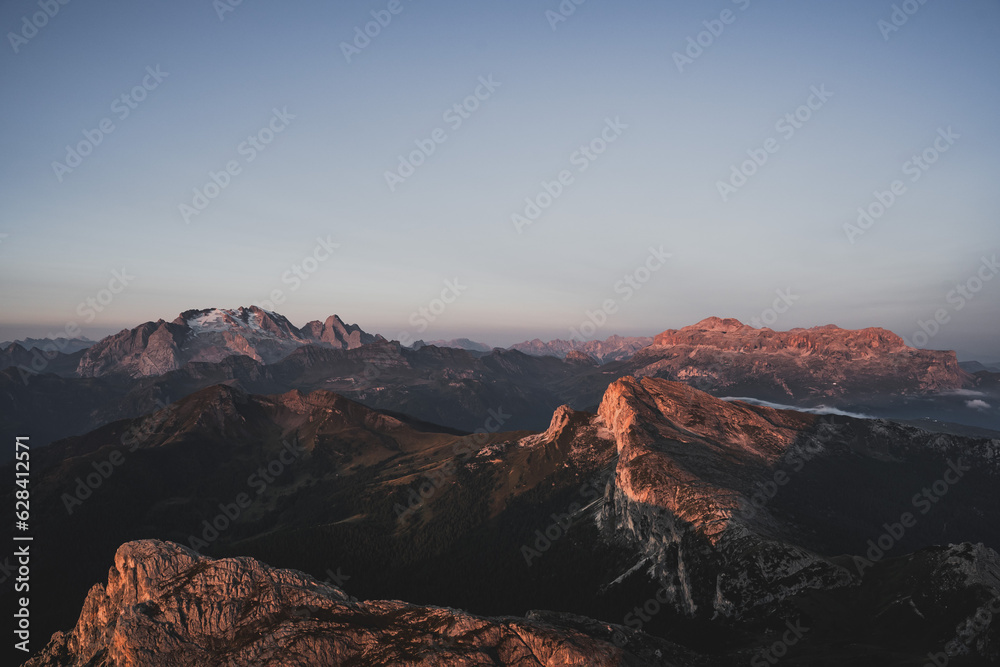 Morning Landscape view on mountains of The Dolomites in Italy during sunrise