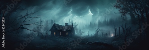 Big Black Spooky Scary House in the Middle of the Mystical Forest Art Illustration. Halloween Horror Movie Cinematic Background generative AI