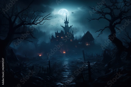 Big Black Spooky Scary House in the Middle of the Mystical Forest Art Illustration. Halloween Horror Movie Cinematic Background generative AI
