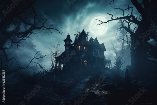 Big Black Spooky Scary House in the Middle of the Mystical Forest Art Illustration. Halloween Horror Movie Cinematic Background generative AI