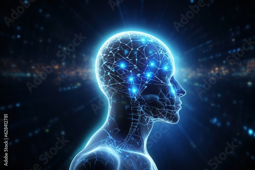 A realistic black silouet of a person with a white brain outline inside of the head, blue digital background With Generative AI