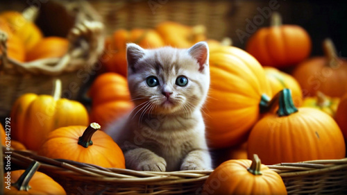 Cute kitten in a basket with pumpkins. Selective focus.