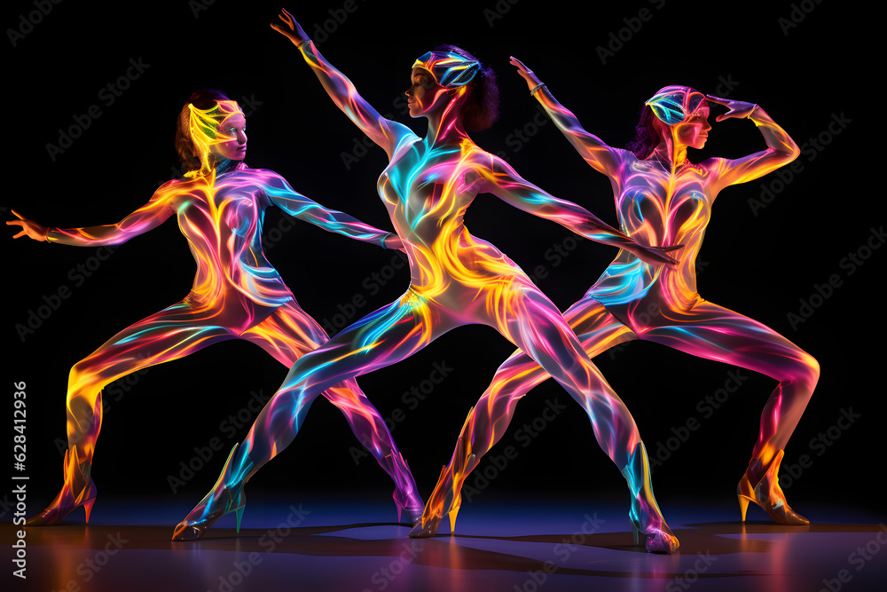dancer neon futurist costume. Group people dacing with neon futurist costume