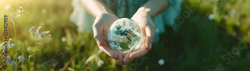 Leinwand Poster Woman hand holding earth, save planet, earth day, sustainable living, ecology en
