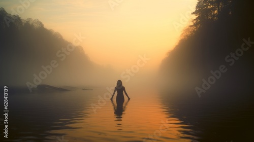 woman in river sunset