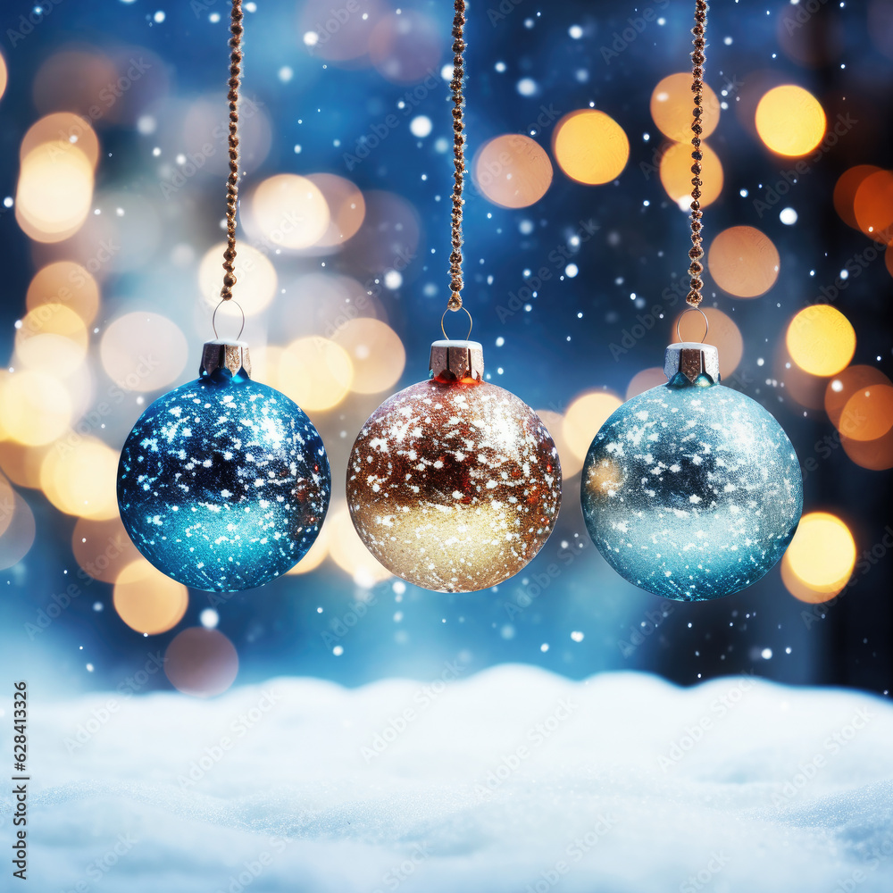 Christmas baubles, ornament on snow and glittering bokeh Christmas baubles, ornament on snow and glittering bokeh