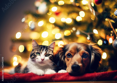 Dog and cat lying together on Christmas glitter lights background © Photocreo Bednarek