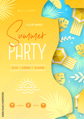 Summer disco cocktail party  poster with tropic leaves and beach umbrella. Summertime background. Vector illustration