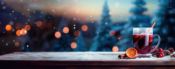 A glass of mulled red wine with cinnamon on old rustic wooden plank against blue background with winter landscape