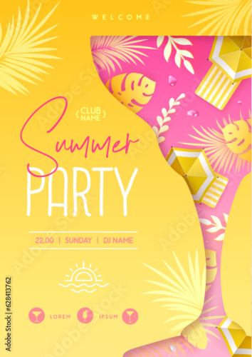 Summer disco cocktail party  poster with tropic leaves and beach umbrella. Summertime background. Vector illustration