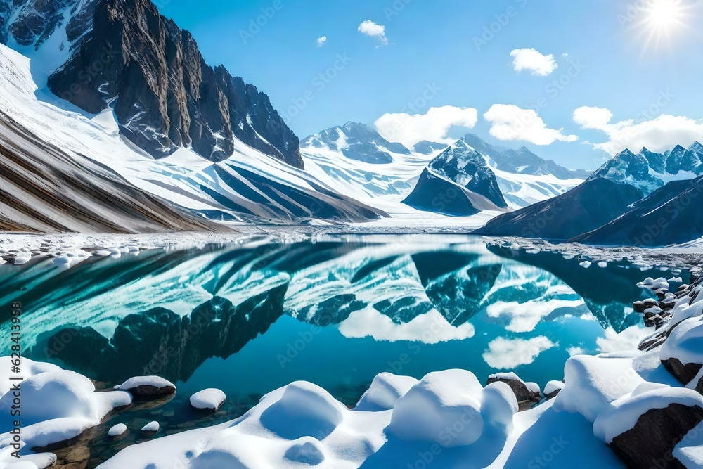 A captivating image of a crystalline glacier lake nestled among snow-capped peaks (1)