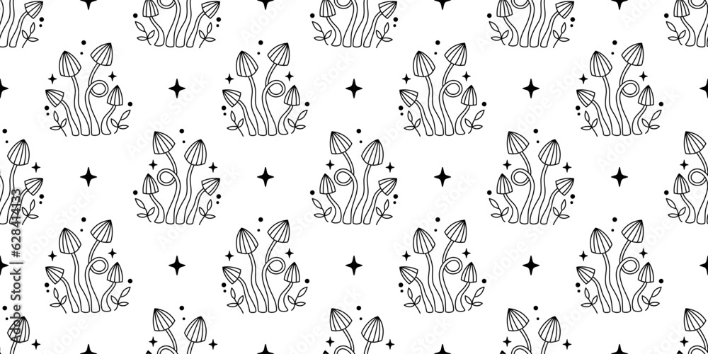Vector magic mushrooms seamless pattern. Outline mushrooms, stars and leaves. Black mystic striped mushrooms on white background. Witchy esoteric seamless pattern.