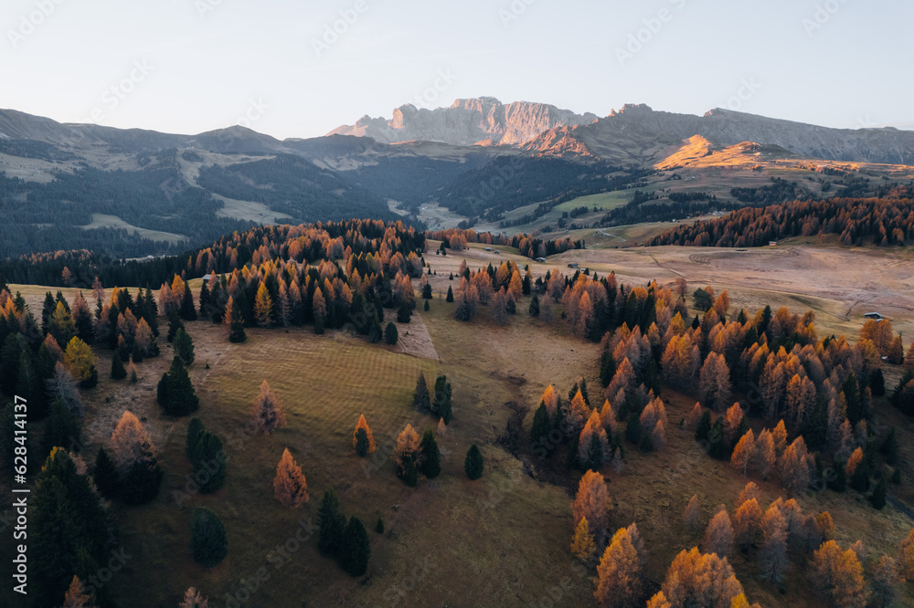 Drone photo at Alpe di Siusi sunrise in Dolomites South Tyrol Italy in Autumn