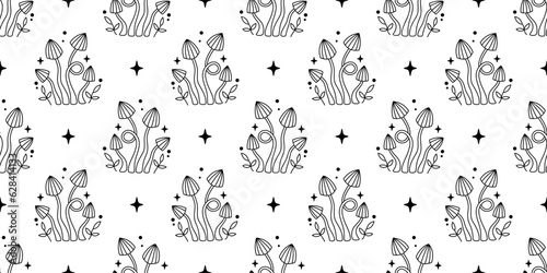 Vector magic mushrooms seamless pattern. Outline mushrooms  stars and leaves. Black mystic striped mushrooms on white background. Witchy esoteric seamless pattern.