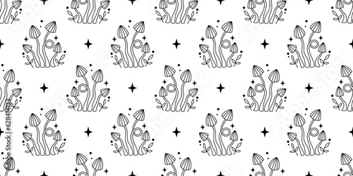 Vector magic mushrooms seamless pattern. Outline mushrooms, stars and leaves. Black mystic striped mushrooms on white background. Witchy esoteric seamless pattern.