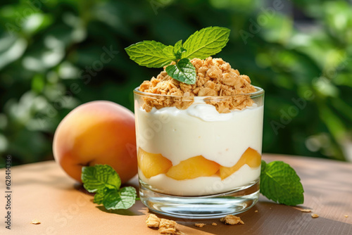 Yoghurt dessert with granola in a glass and fresh peach on green leaves background