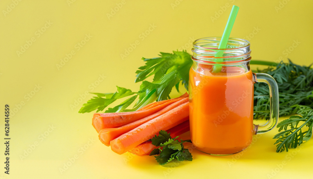 Organic carrot juice with carrots, celery on yellow background. Vegetable smothie in glass jar. Copy space. Summer food concept. Healthy detox eating, alkaline diet Organic carrot juice with carrots, celery on yellow background. Vegetable smothie in glass jar. Copy space. Summer food concept. Healthy detox eating, alkaline diet