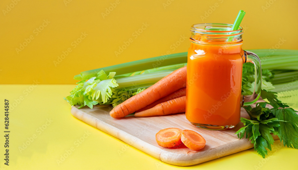 Organic carrot juice with carrots, celery on yellow background. Vegetable smothie in glass jar. Copy space. Summer food concept. Healthy detox eating, alkaline diet Organic carrot juice with carrots, celery on yellow background. Vegetable smothie in glass jar. Copy space. Summer food concept. Healthy detox eating, alkaline diet